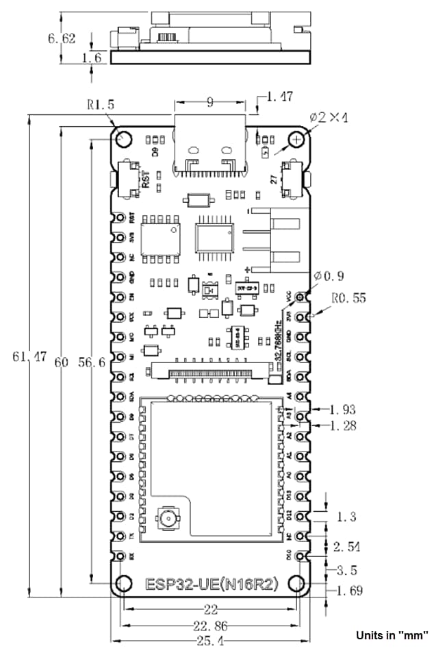 Mechanical Drawing - DFRobot DFR1140 FireBeetle 2 ESP32-UE Development Board